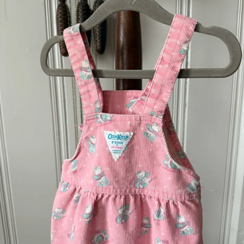 Vintage OshKosh B'gosh Sledding Bear Pink Corduroy Overall Dress size 4t